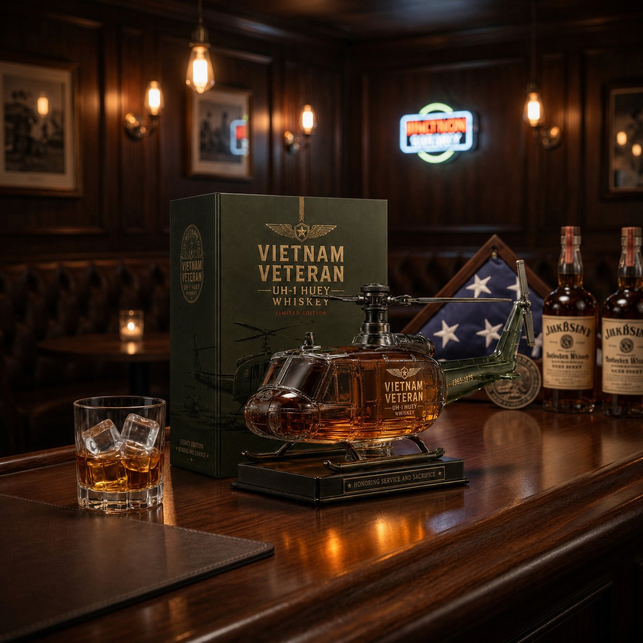 🥃UH-1 Huey Helicopter Veteran Whiskey Decanter – Premium Vietnam Service Memorial Collectible
