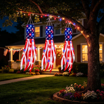 3 Pack American Flag Windsocks with Red White Blue Lights