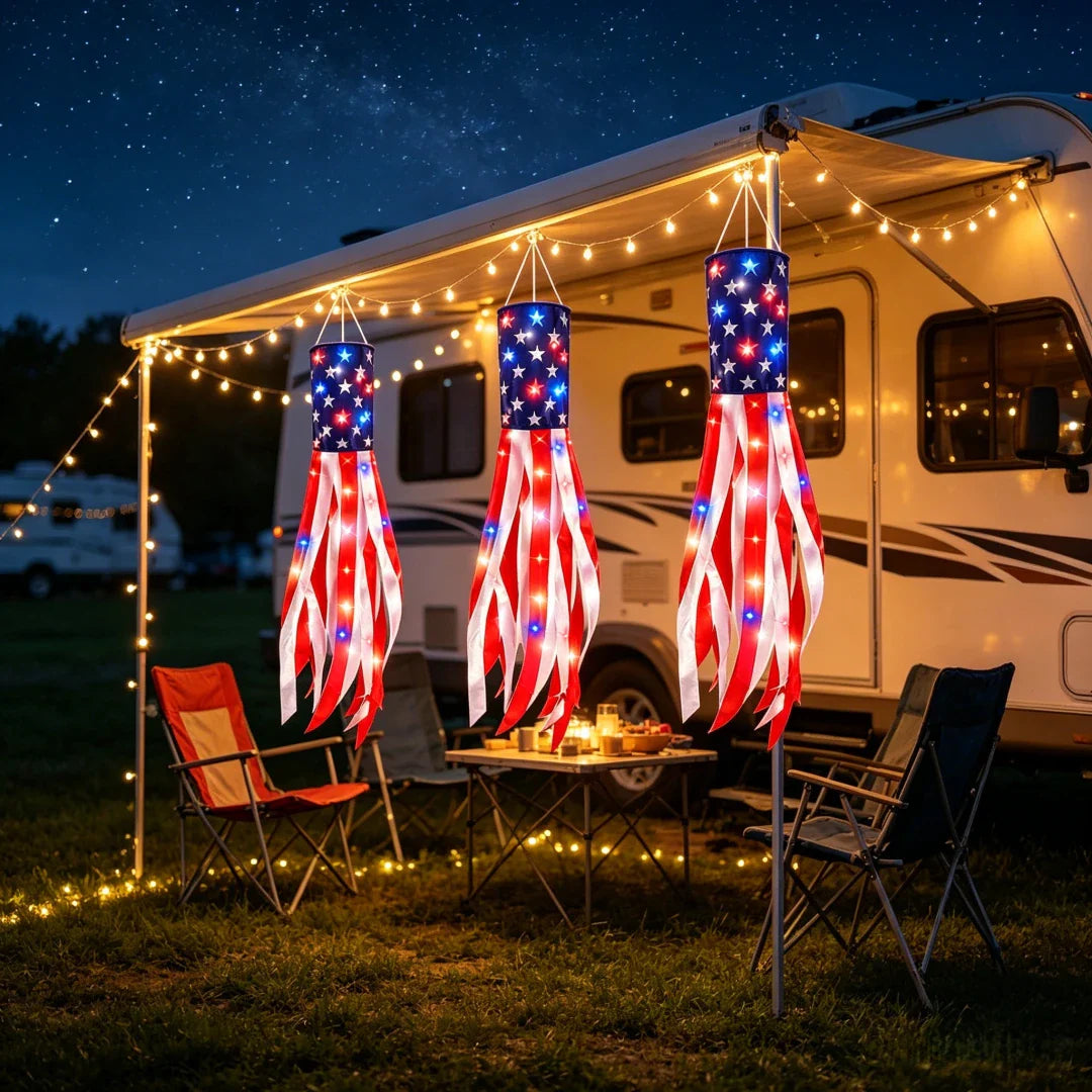 3 Pack American Flag Windsocks with Red White Blue Lights