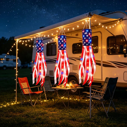 3 Pack American Flag Windsocks with Red White Blue Lights