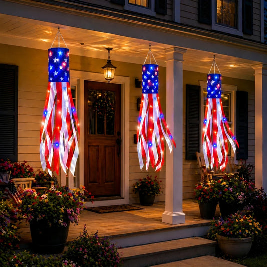 3 Pack American Flag Windsocks with Red White Blue Lights
