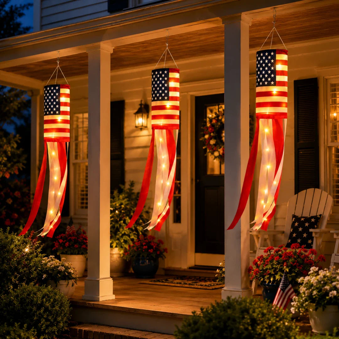 3 Pack American Flag Windsocks with Red White Blue Lights