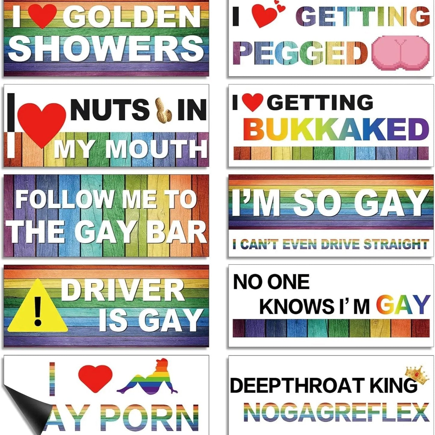 Funny Gay Pride Rainbow Magnet Bumper Sticker Set 10 Unique Designs 7.8X3.1 Inches Reusable Car Accessories for Vehicles & Fridge