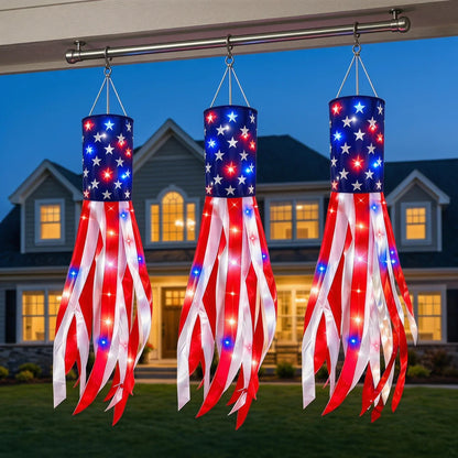 3 Pack American Flag Windsocks with Red White Blue Lights