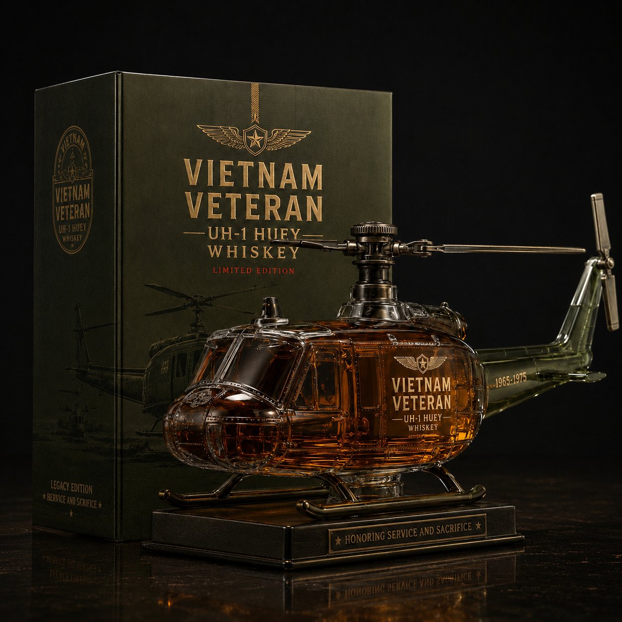 🥃UH-1 Huey Helicopter Veteran Whiskey Decanter – Premium Vietnam Service Memorial Collectible
