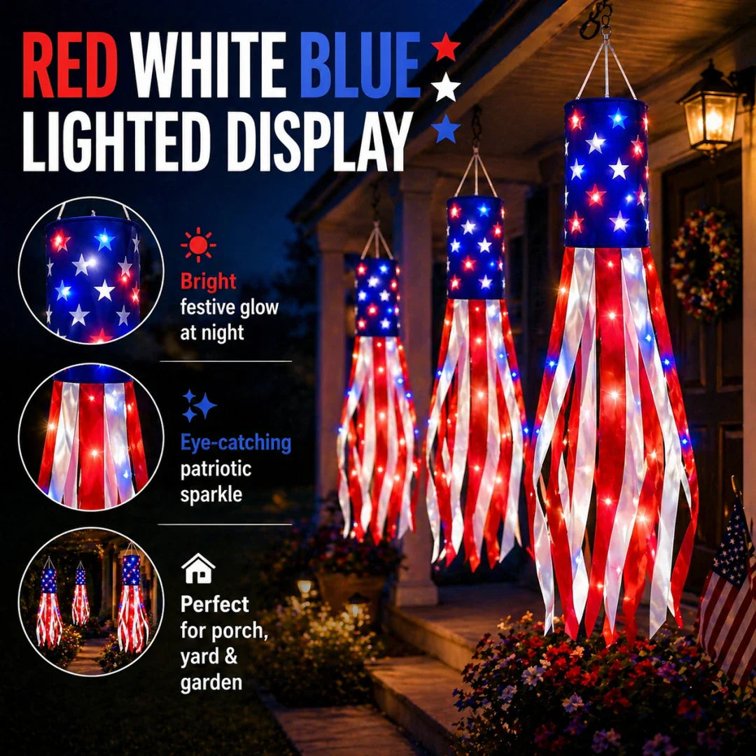 3 Pack American Flag Windsocks with Red White Blue Lights