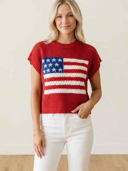 Women's Loose-Fit Short-Sleeve Knitted Sweater with American Flag Pattern