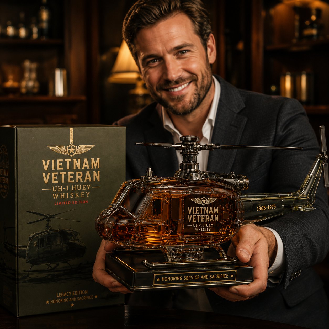 🥃UH-1 Huey Helicopter Veteran Whiskey Decanter – Premium Vietnam Service Memorial Collectible