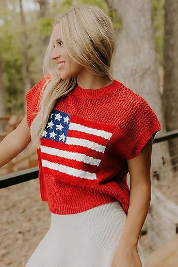 Women's Loose-Fit Short-Sleeve Knitted Sweater with American Flag Pattern