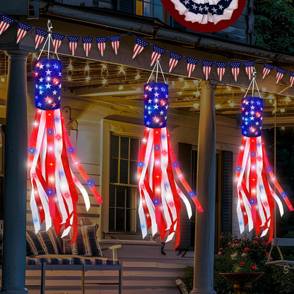 3 Pack American Flag Windsocks with Red White Blue Lights