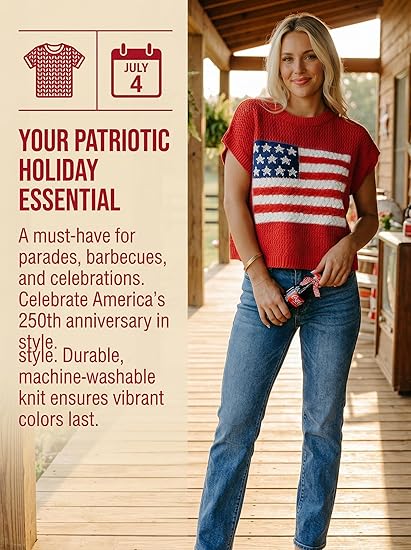 Women's Loose-Fit Short-Sleeve Knitted Sweater with American Flag Pattern