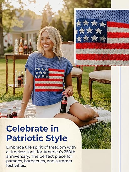 Women's Loose-Fit Short-Sleeve Knitted Sweater with American Flag Pattern