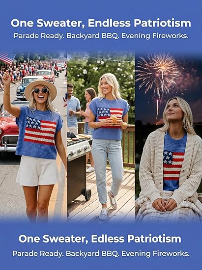 Women's Loose-Fit Short-Sleeve Knitted Sweater with American Flag Pattern