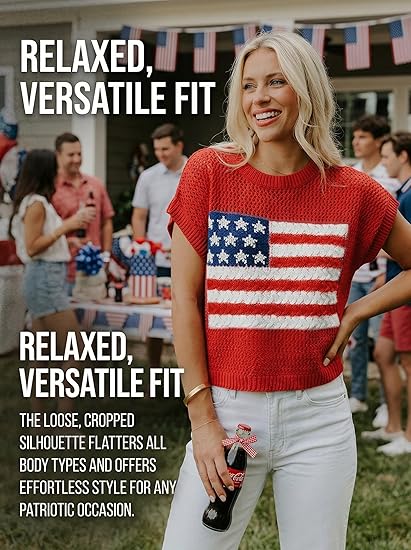 Women's Loose-Fit Short-Sleeve Knitted Sweater with American Flag Pattern