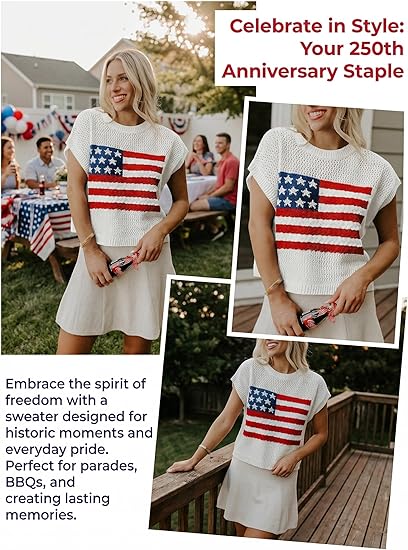 Women's Loose-Fit Short-Sleeve Knitted Sweater with American Flag Pattern
