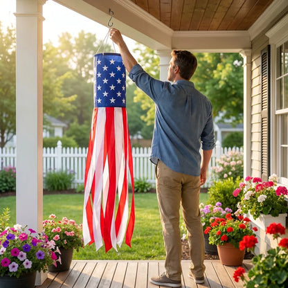 3 Pack American Flag Windsocks with Red White Blue Lights