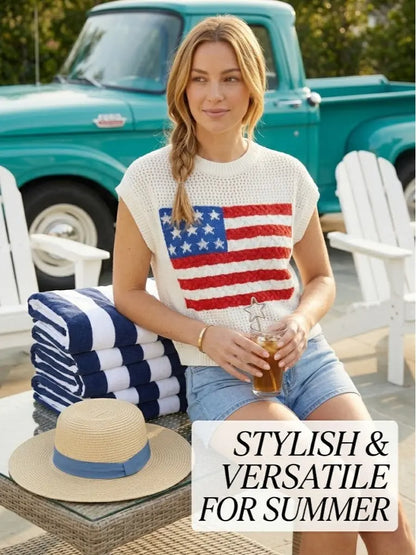 Women's Loose-Fit Short-Sleeve Knitted Sweater with American Flag Pattern