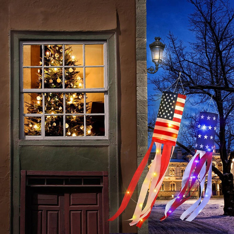 3 Pack American Flag Windsocks with Red White Blue Lights