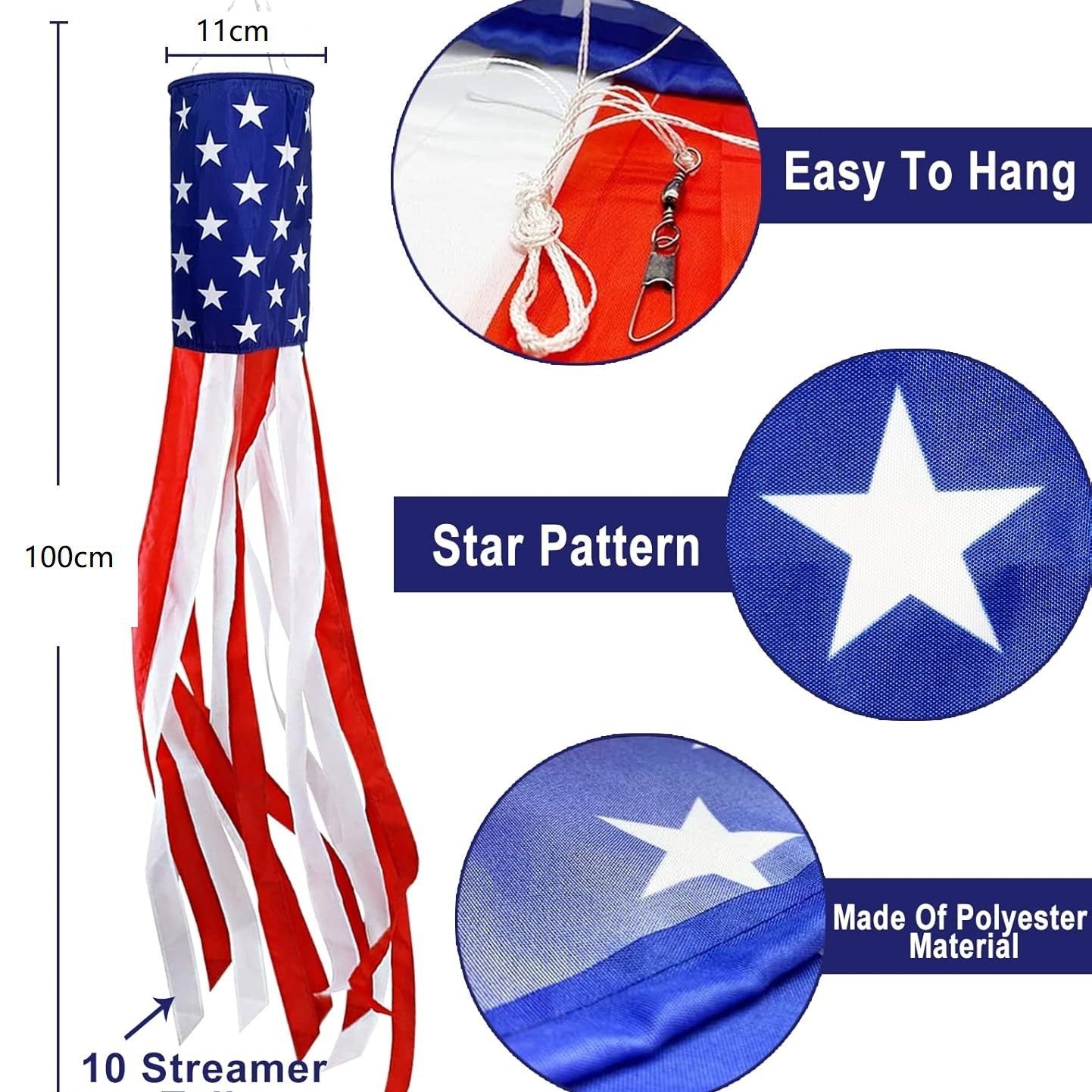 3 Pack American Flag Windsocks with Red White Blue Lights