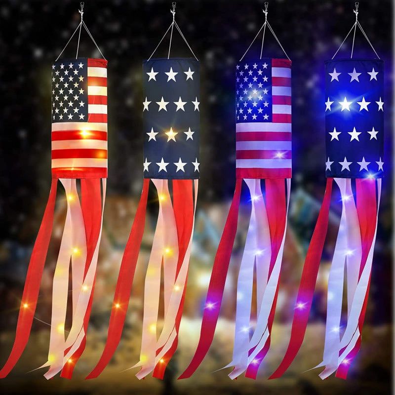 3 Pack American Flag Windsocks with Red White Blue Lights