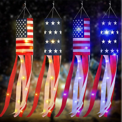3 Pack American Flag Windsocks with Red White Blue Lights