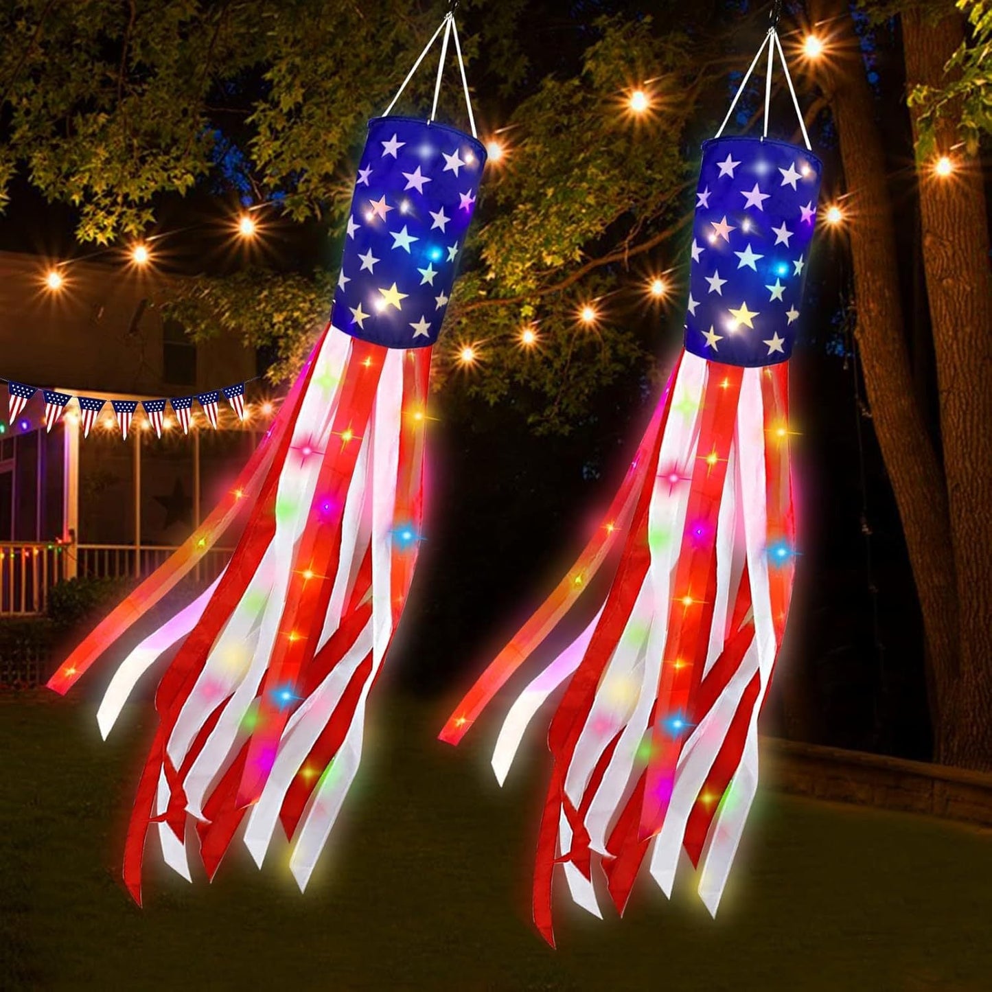 3 Pack American Flag Windsocks with Red White Blue Lights