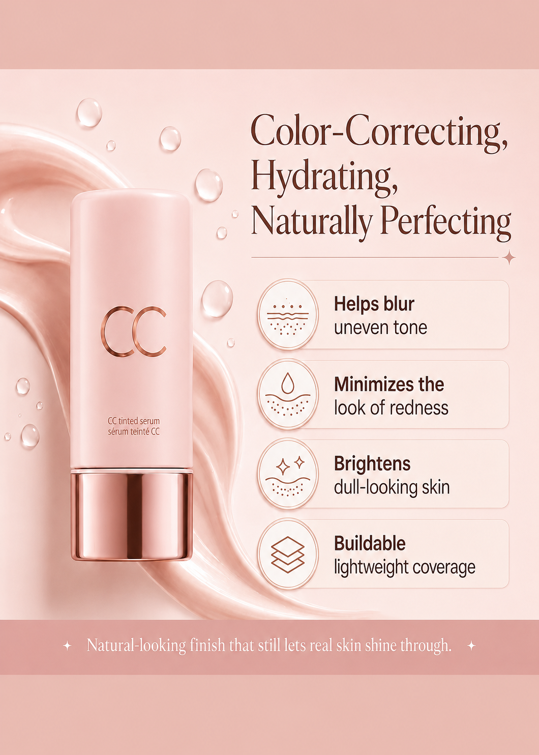 CC Color-Correcting Tinted Serum – Lightweight, Shade-Adaptive Coverage with 24H Hydration & 16H Waterproof Wear