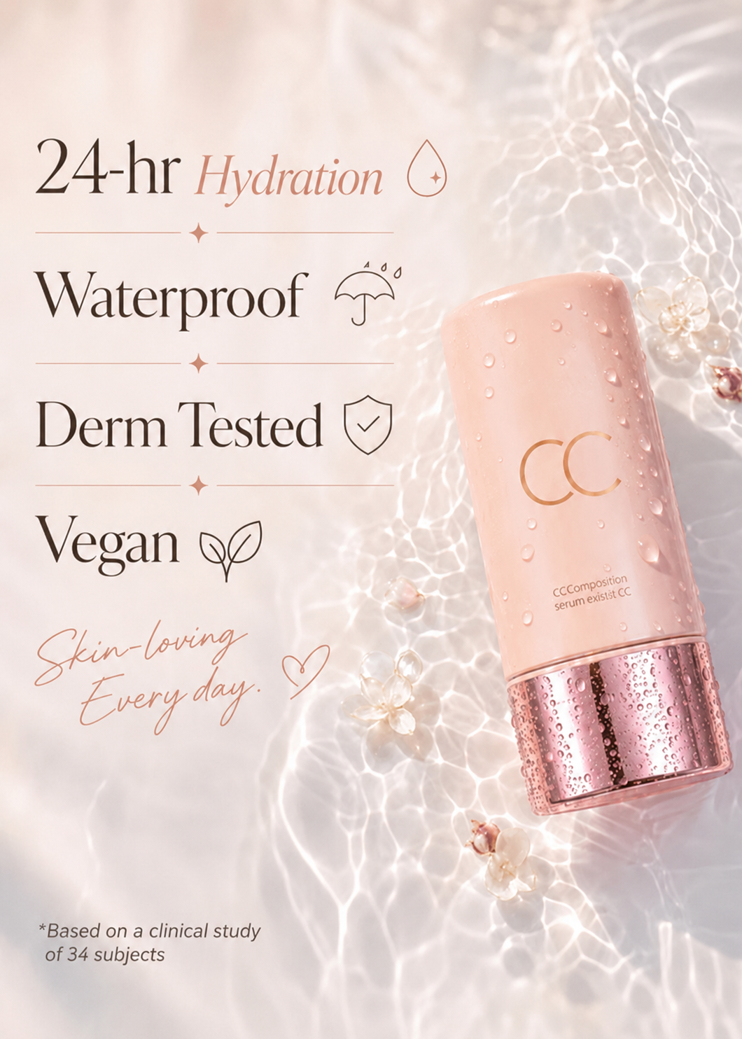 CC Color-Correcting Tinted Serum – Lightweight, Shade-Adaptive Coverage with 24H Hydration & 16H Waterproof Wear