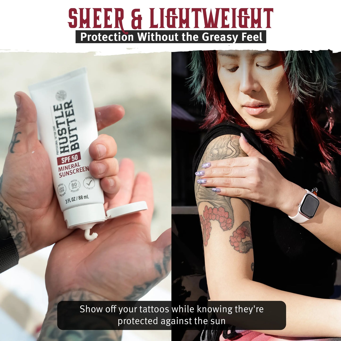 🔥LAST DAY SALE 50% OFF!!🔥 Hustle Butter Tattoo Sunscreen - Mineral Sunscreen Lotion, SPF 50, TSA-Friendly, Water Resistant, 3 oz