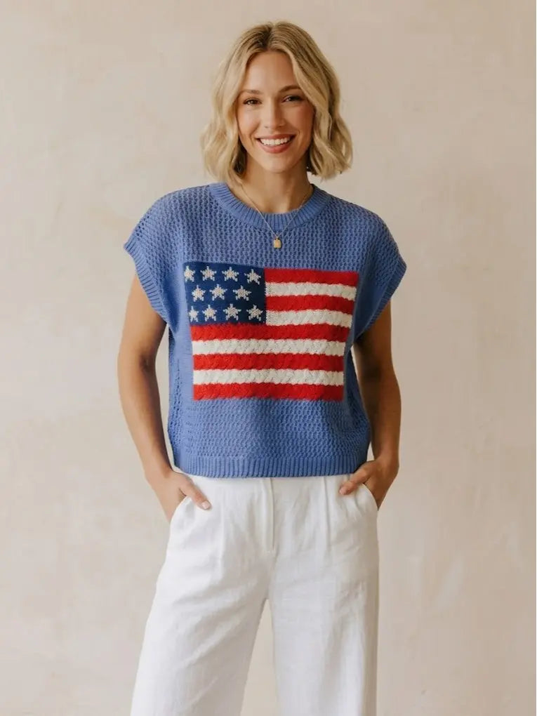 Women's Loose-Fit Short-Sleeve Knitted Sweater with American Flag Pattern