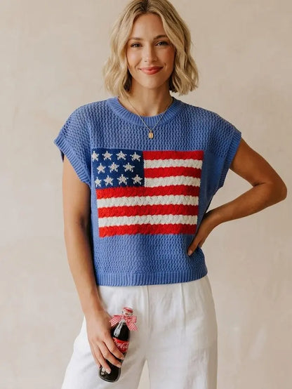 Women's Loose-Fit Short-Sleeve Knitted Sweater with American Flag Pattern