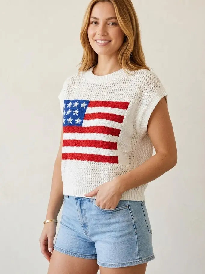 Women's Loose-Fit Short-Sleeve Knitted Sweater with American Flag Pattern