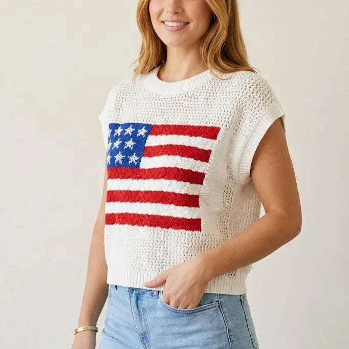 Women's Loose-Fit Short-Sleeve Knitted Sweater with American Flag Pattern