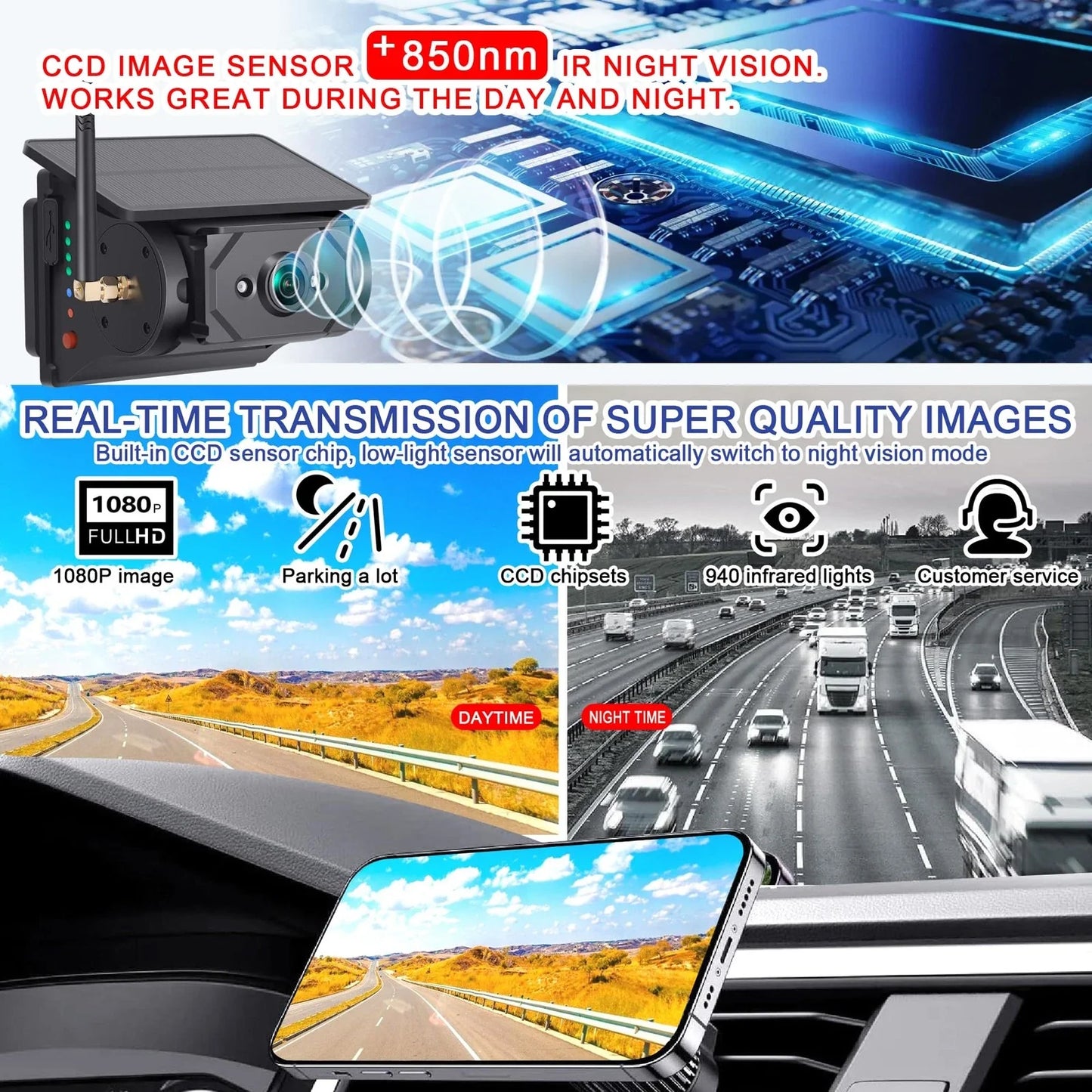 Magnetic, Wireless Wi-Fi, Solar-Powered Car Camera